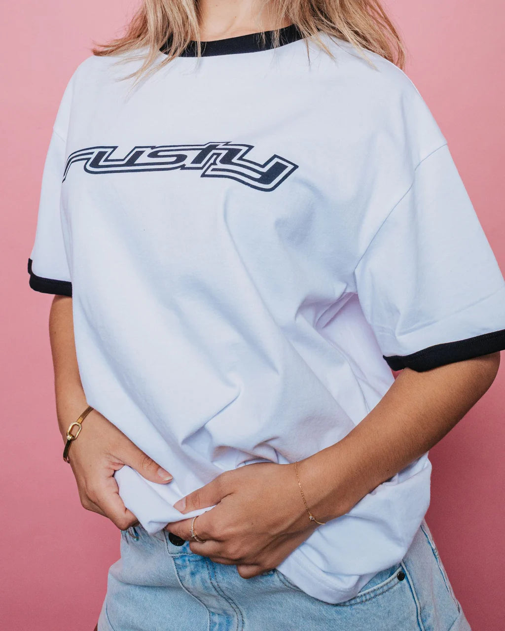 RUSTY OG RUSTY OVERSIZED RINGER TEE – WOMENS RETRO VINTAGE SURF TEE WHITE