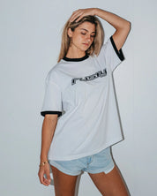 RUSTY OG RUSTY OVERSIZED RINGER TEE – WOMENS RETRO VINTAGE SURF TEE WHITE