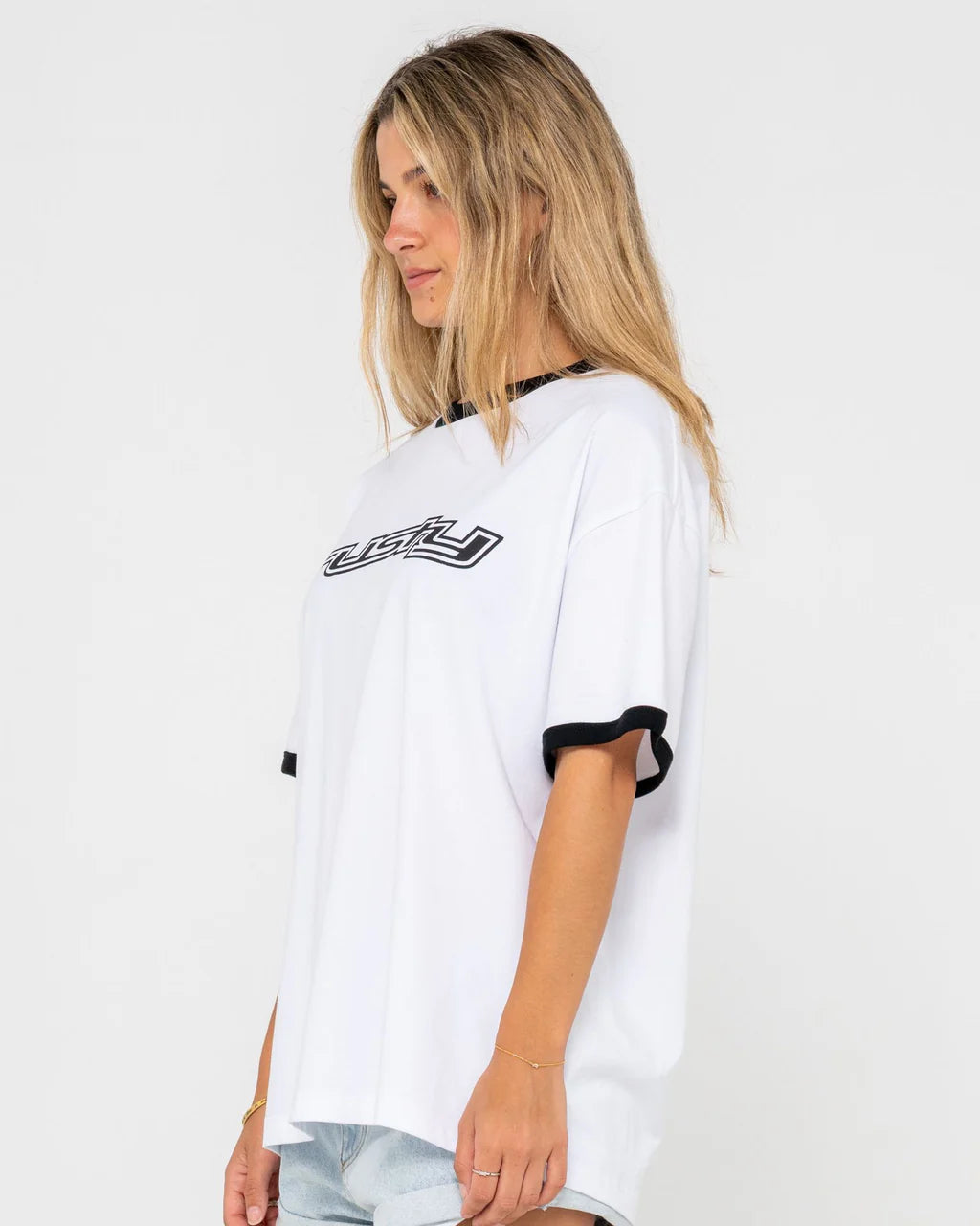 RUSTY OG RUSTY OVERSIZED RINGER TEE – WOMENS RETRO VINTAGE SURF TEE WHITE