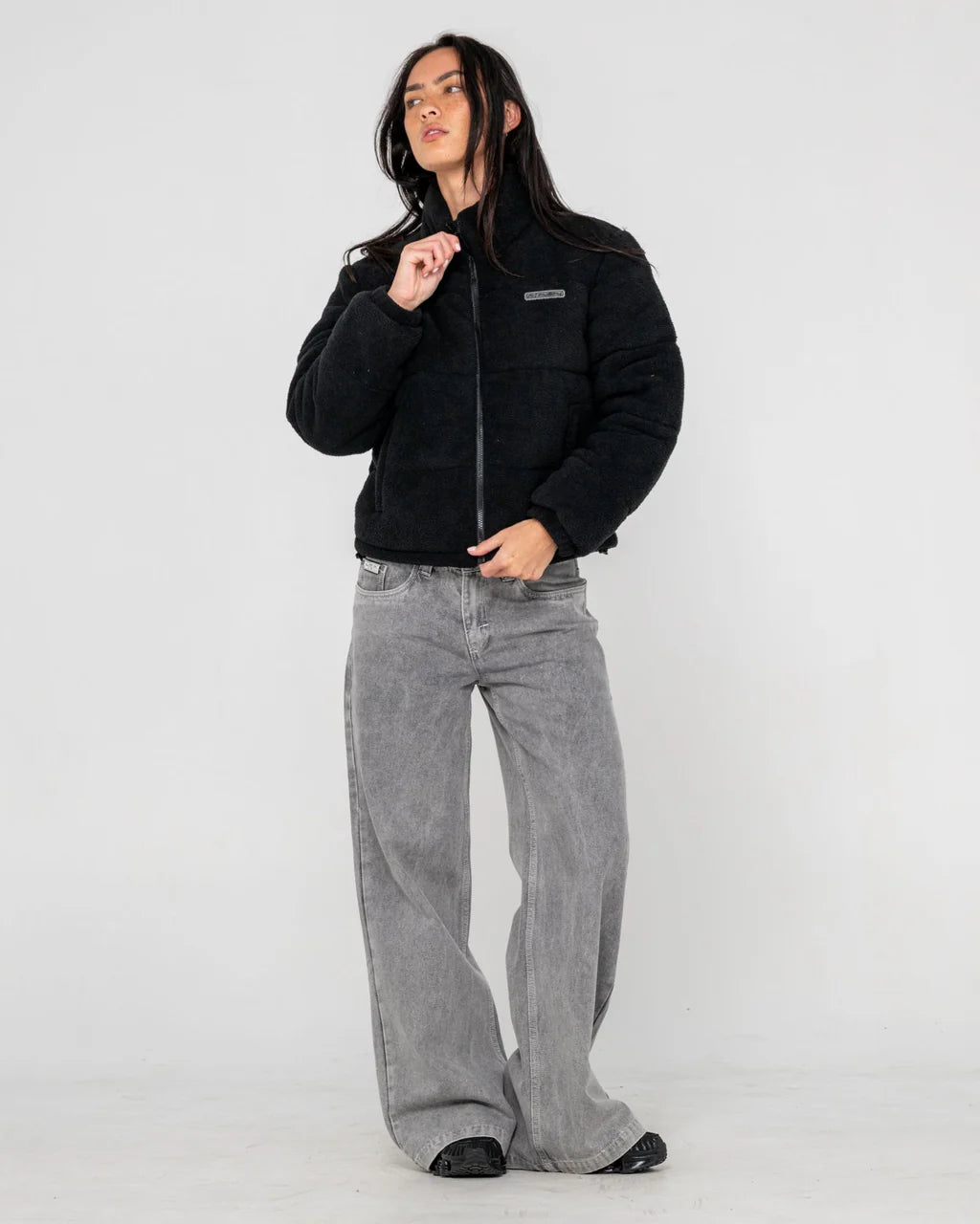 RUSTY ON AND ON POLAR FLEECE PUFFER JACKET WOMENS BLACK