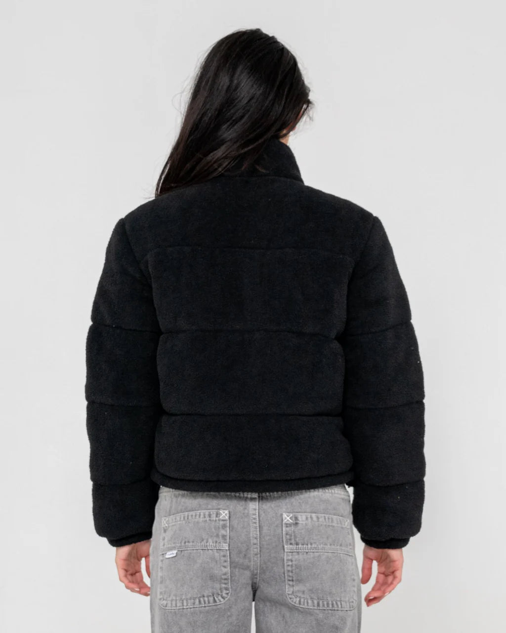 RUSTY ON AND ON POLAR FLEECE PUFFER JACKET WOMENS BLACK