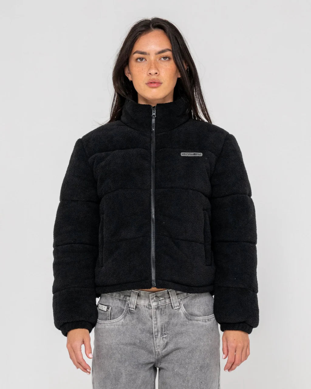 RUSTY ON AND ON POLAR FLEECE PUFFER JACKET WOMENS BLACK
