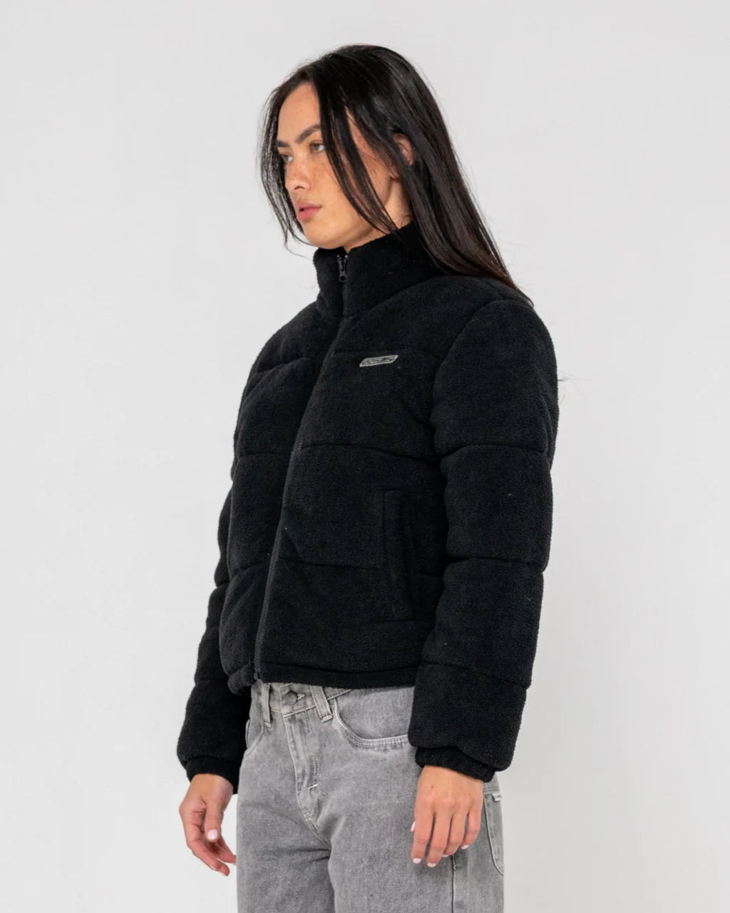 RUSTY ON AND ON POLAR FLEECE PUFFER JACKET WOMENS BLACK