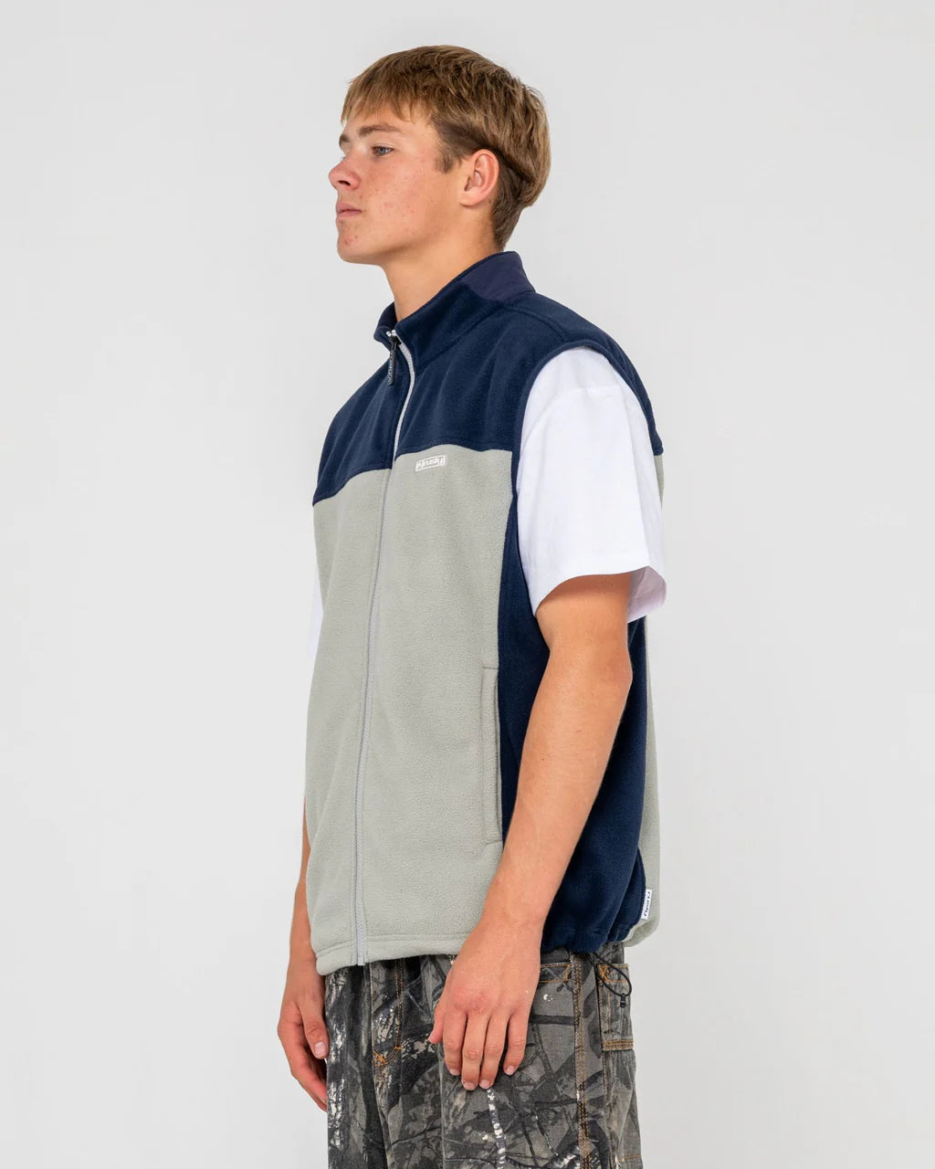 RUSTY ON THE RUN TECH FLEECE VEST MENS ZIP VEST STONE GREY