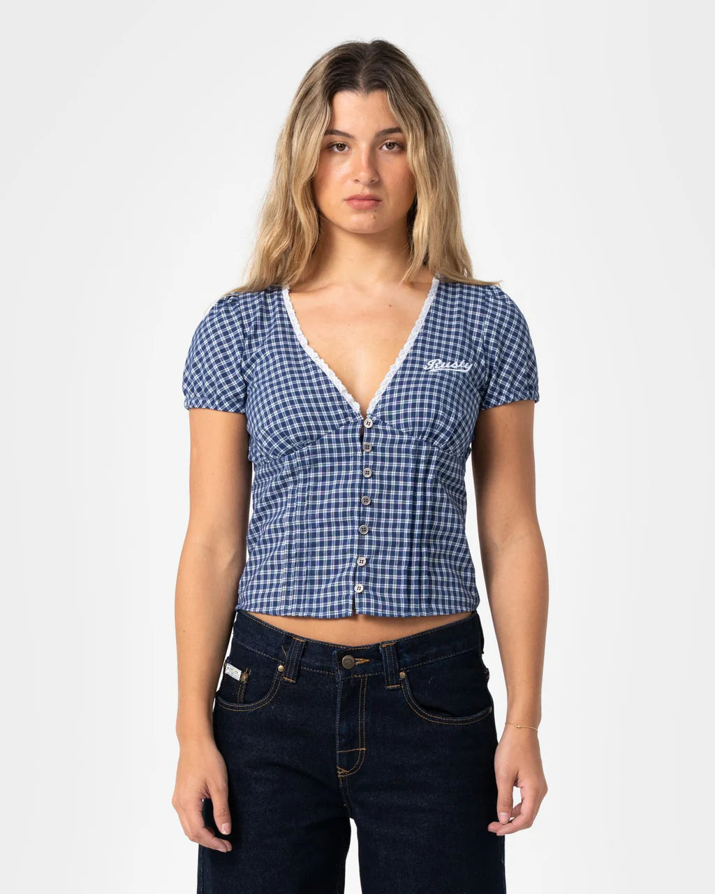 RUSTY PEGGY SUE BUTTON DOWN BLOUSE – BLUE PLAID