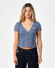 RUSTY PEGGY SUE BUTTON DOWN BLOUSE – BLUE PLAID