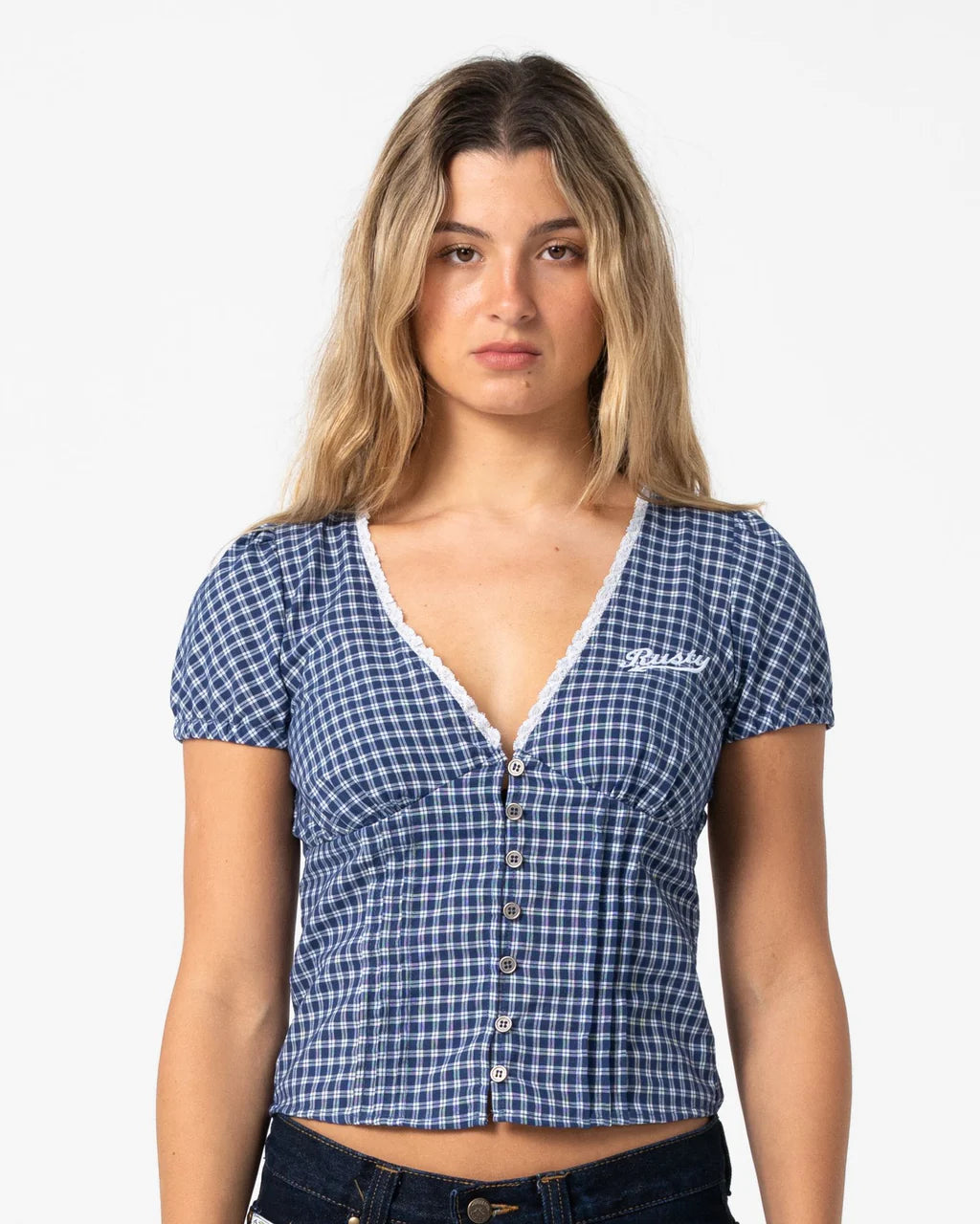 RUSTY PEGGY SUE BUTTON DOWN BLOUSE – BLUE PLAID