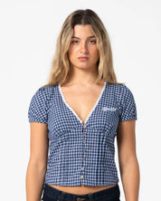 RUSTY PEGGY SUE BUTTON DOWN BLOUSE – BLUE PLAID