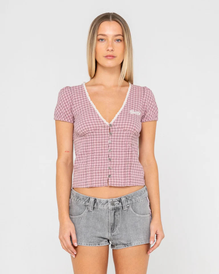 RUSTY PEGGY SUE BUTTON DOWN BLOUSE – WOMENS LIGHTWEIGHT SUMMER TOP PINK