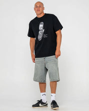 RUSTY PHONE A FRIEND GRAPHIC TEE – MENS PREMIUM COTTON SURF LOGO TEE BLACK