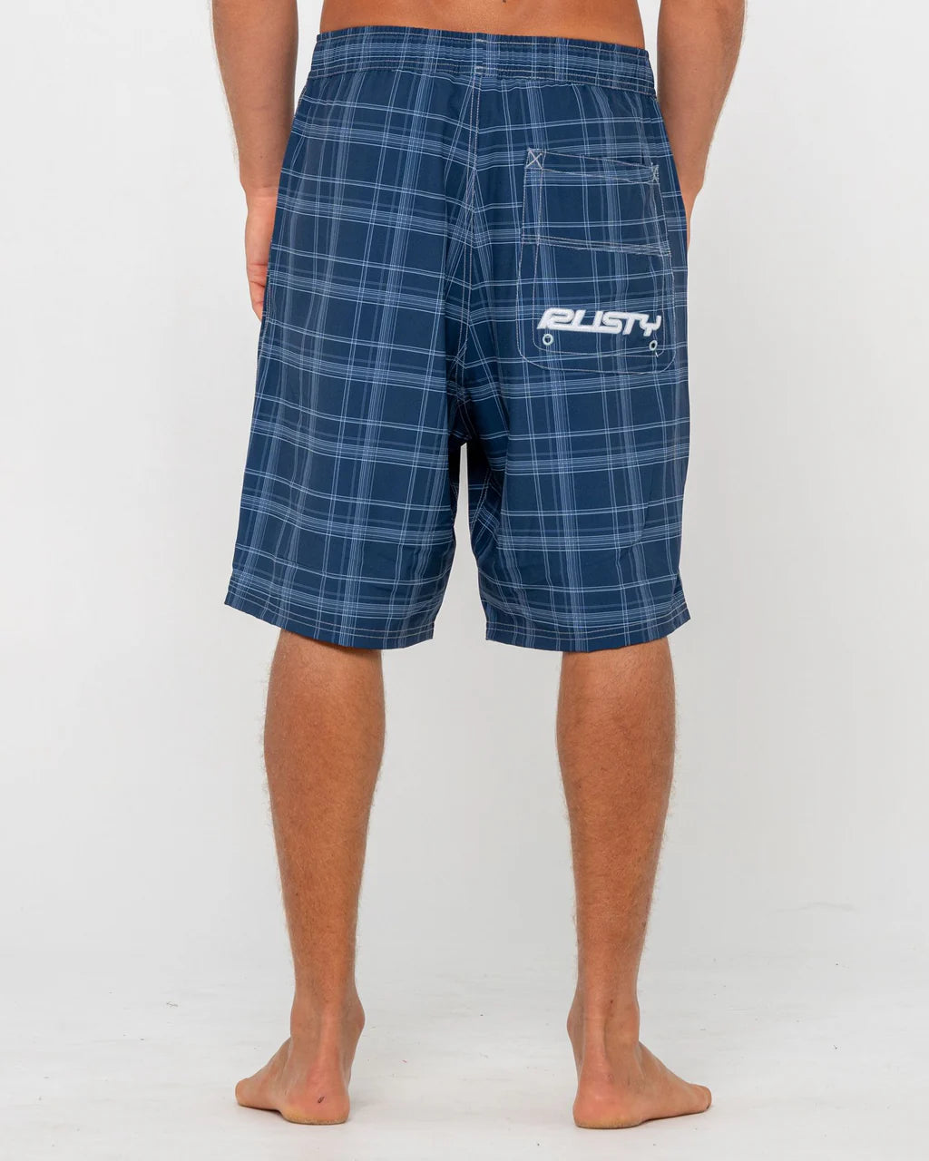 RUSTY PLAID DADDY 22" ELASTIC WAIST BOARDSHORT – MENS SURF CHECK SHORT NAVY BLUE