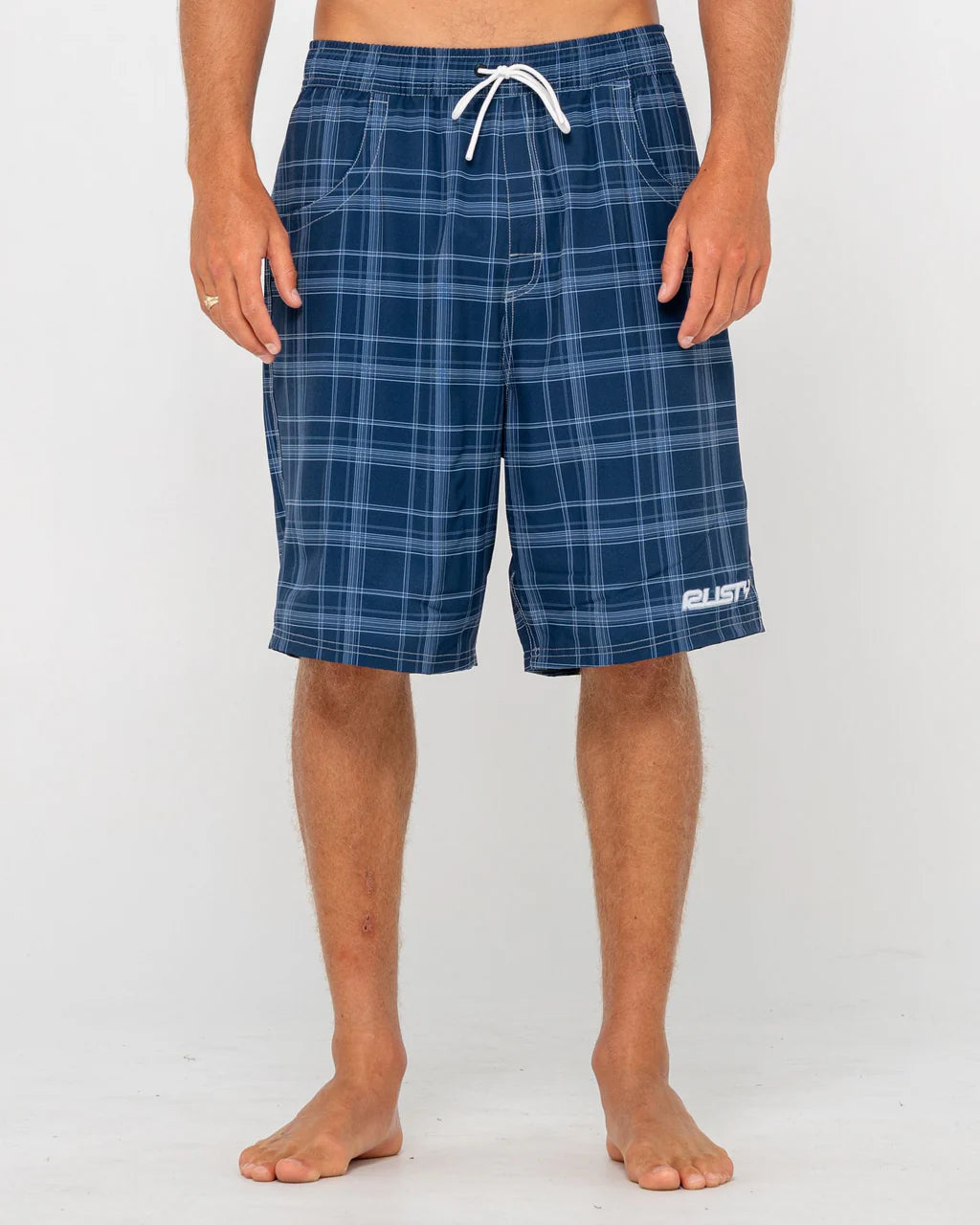 RUSTY PLAID DADDY 22" ELASTIC WAIST BOARDSHORT – MENS SURF CHECK SHORT NAVY BLUE