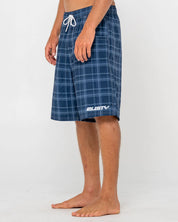 RUSTY PLAID DADDY 22" ELASTIC WAIST BOARDSHORT – MENS SURF CHECK SHORT NAVY BLUE