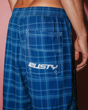 RUSTY PLAID DADDY 22" ELASTIC WAIST BOARDSHORT – MENS SURF CHECK SHORT NAVY BLUE