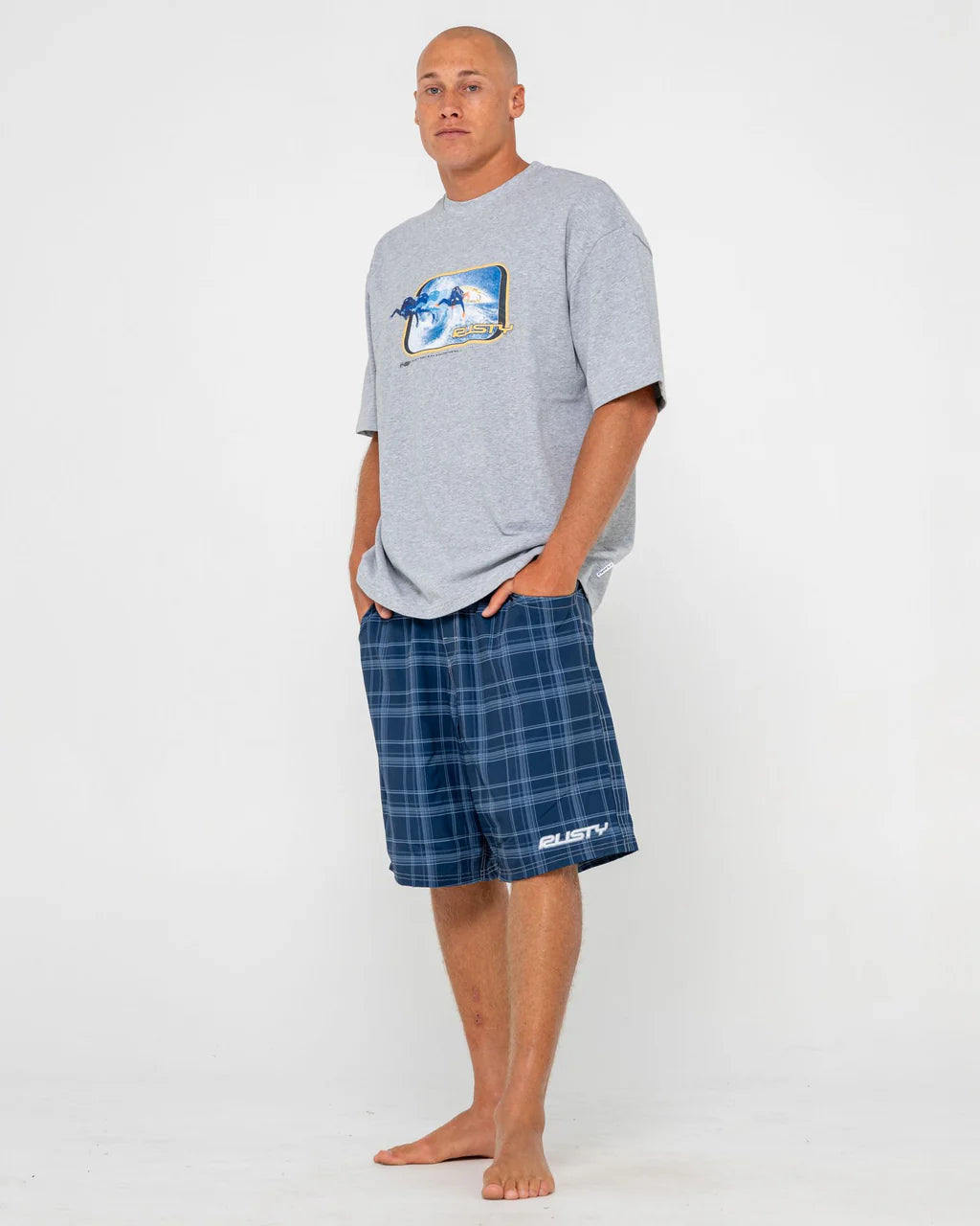 RUSTY PLAID DADDY 22" ELASTIC WAIST BOARDSHORT – MENS SURF CHECK SHORT NAVY BLUE