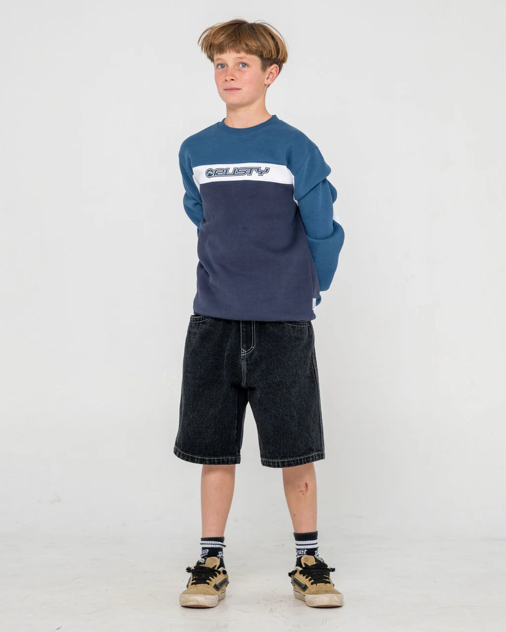RUSTY POD RACER CREW FLEECE BOYS JUMPER NAVY BLUE