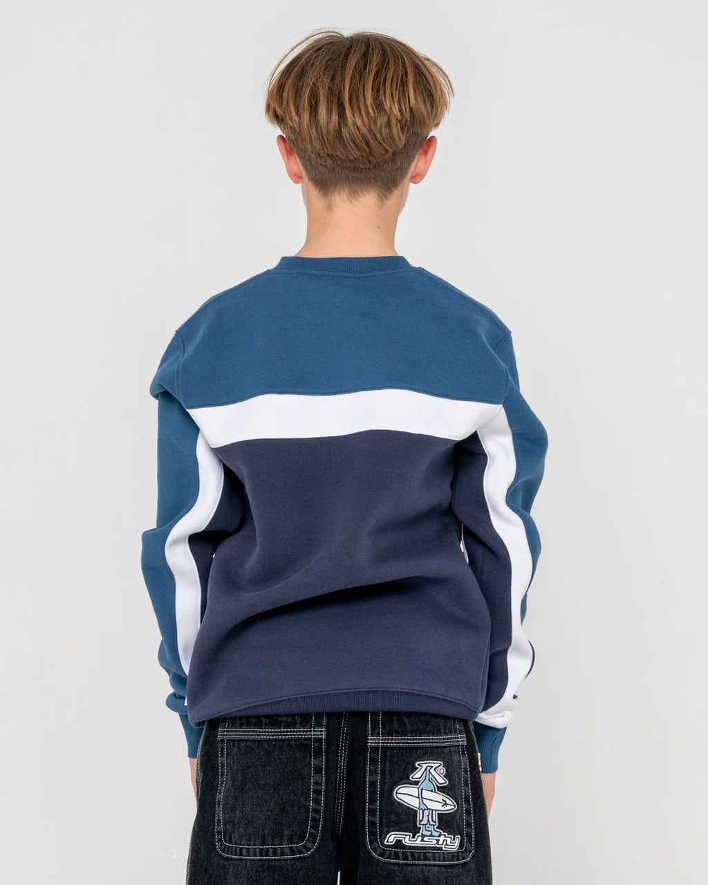 RUSTY POD RACER CREW FLEECE BOYS JUMPER NAVY BLUE