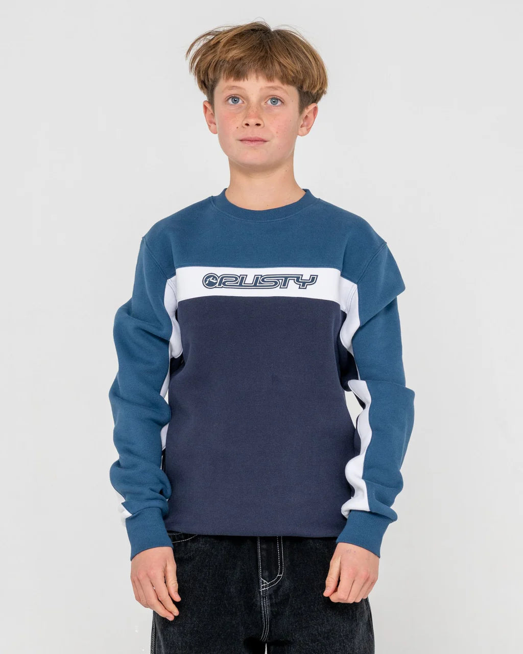RUSTY POD RACER CREW FLEECE BOYS JUMPER NAVY BLUE