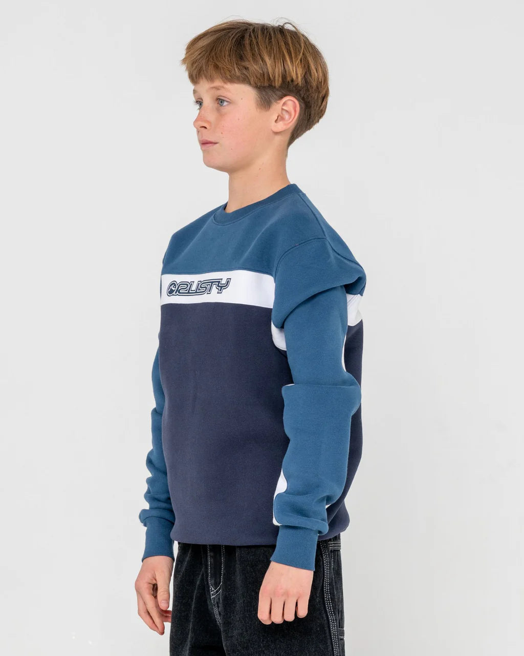 RUSTY POD RACER CREW FLEECE BOYS JUMPER NAVY BLUE