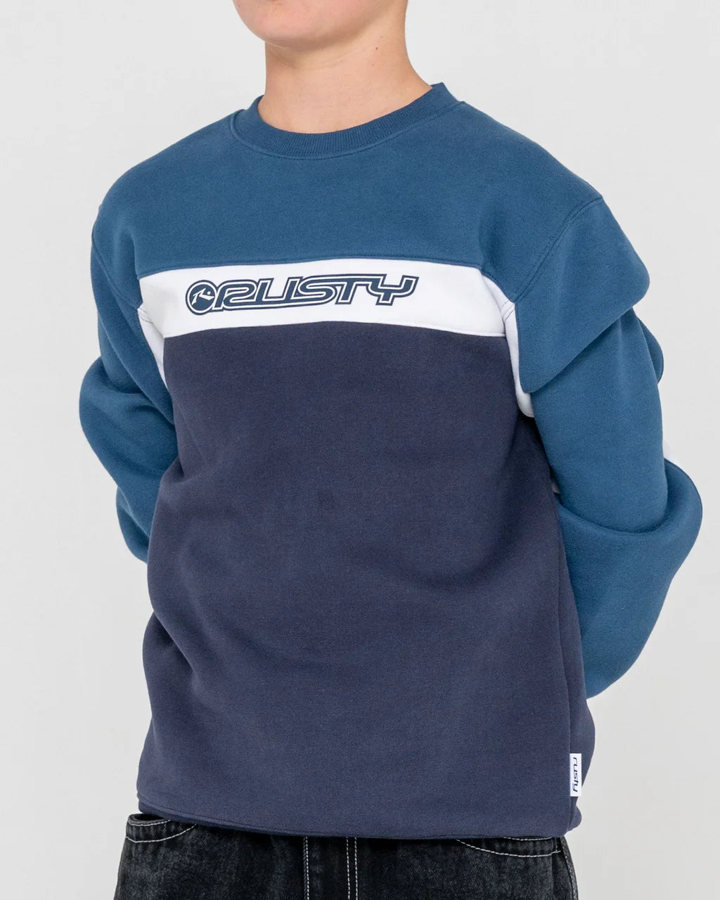 RUSTY POD RACER CREW FLEECE BOYS JUMPER NAVY BLUE