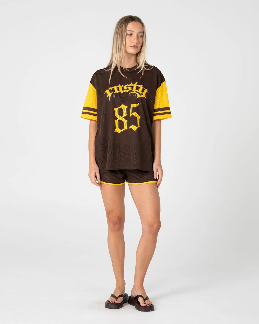 RUSTY RAG STRIPE MESH OVERSIZED TEE – JAVA / AMBER