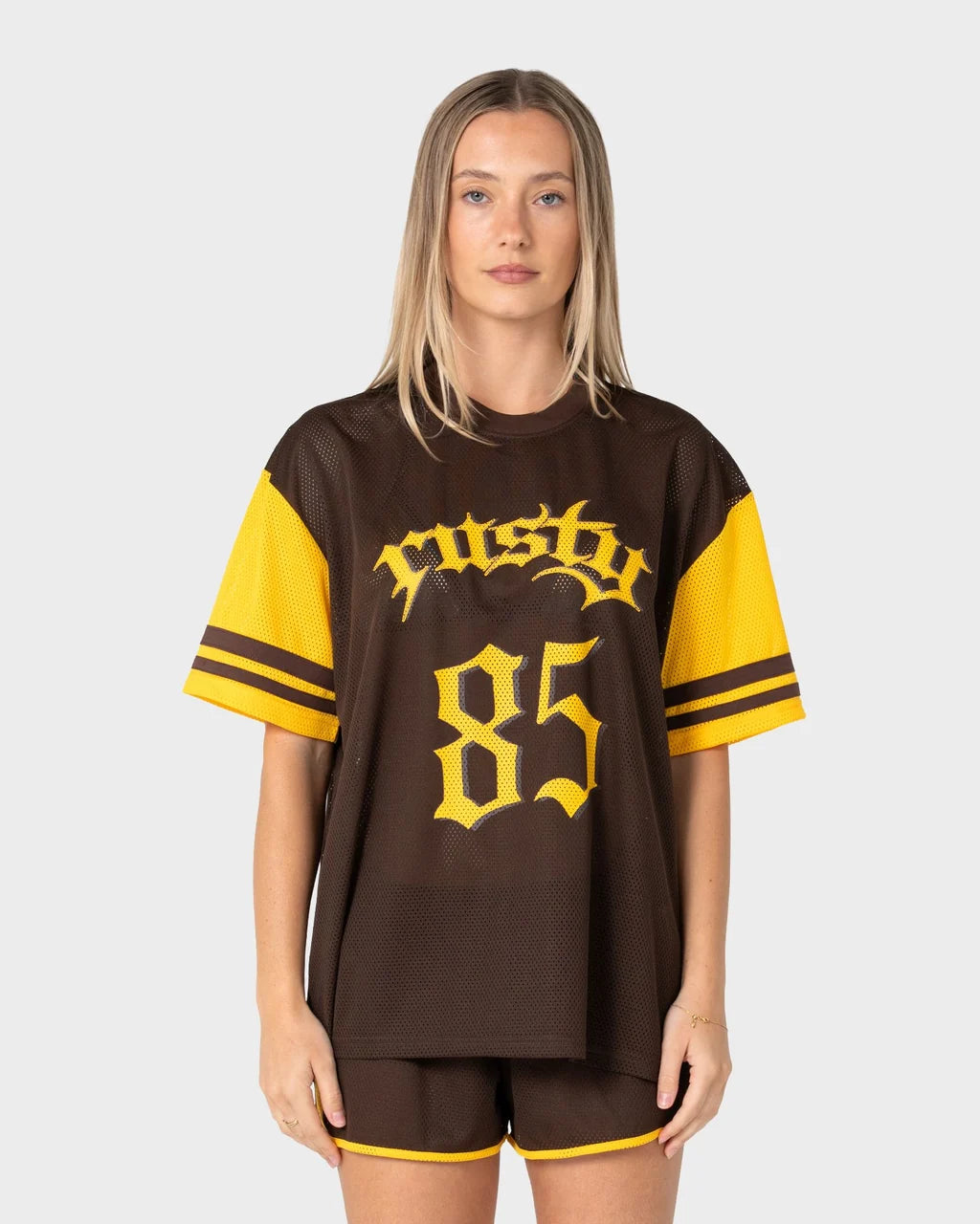 RUSTY RAG STRIPE MESH OVERSIZED TEE – JAVA / AMBER