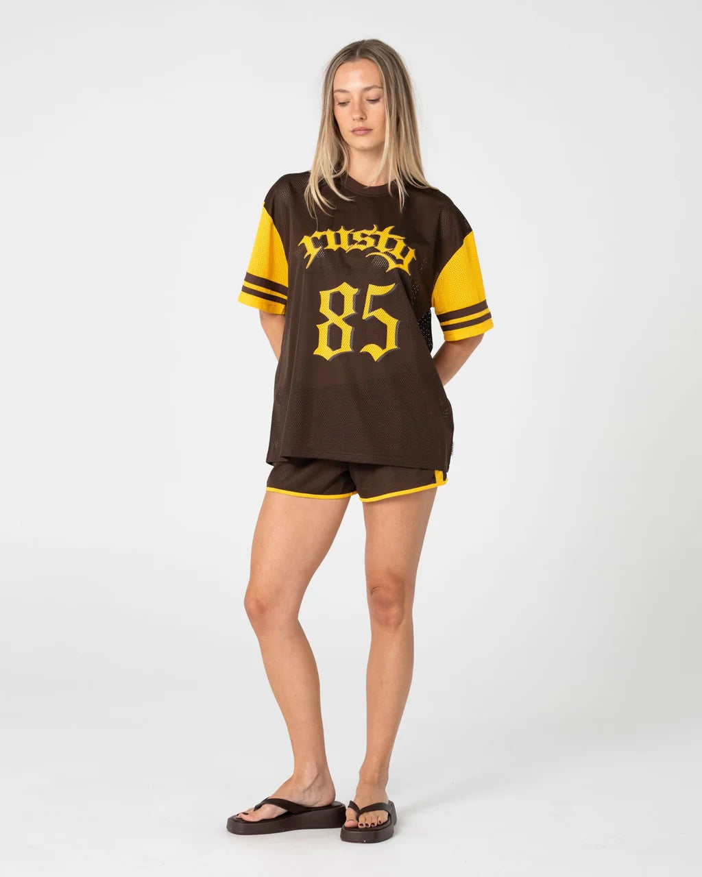 RUSTY RAG STRIPE MESH OVERSIZED TEE – JAVA / AMBER