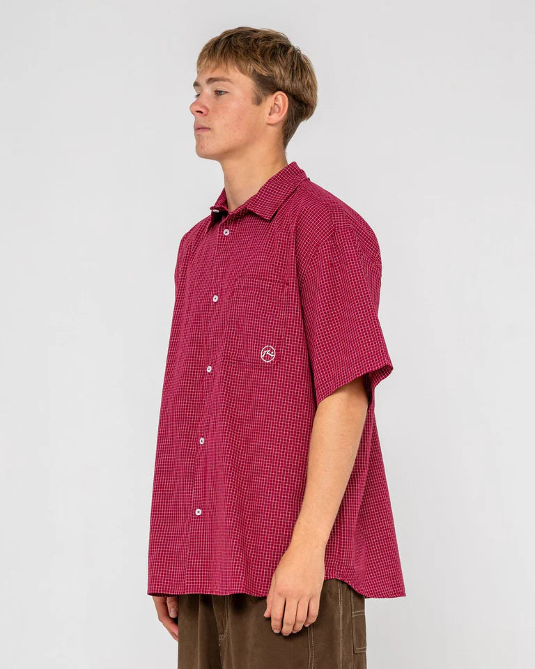 RUSTY RANSOM CHECK SHIRT MENS LONG SLEEVE CASUAL BUTTON UP – BURGUNDY