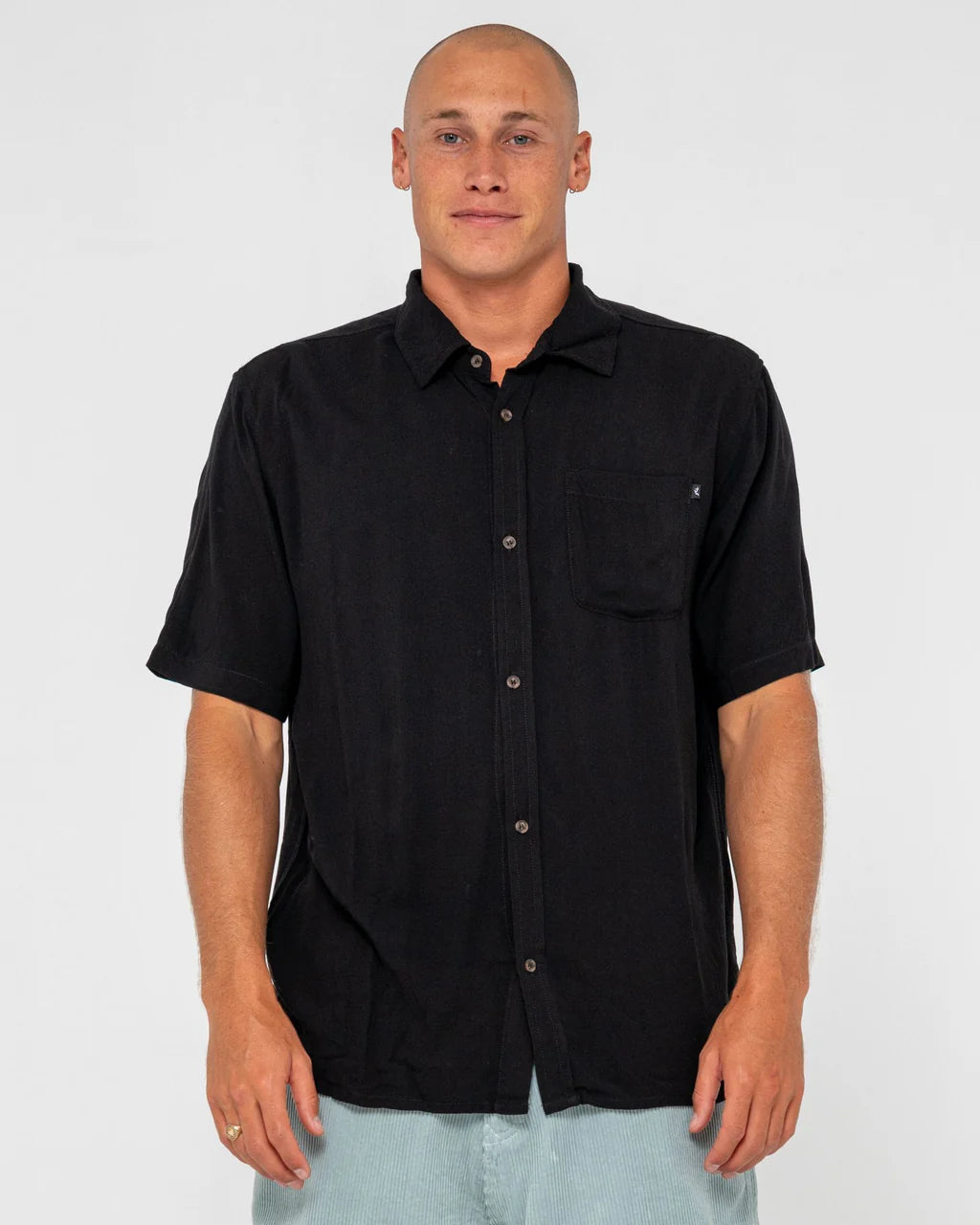RUSTY RAZOR BLADE RAYON SHIRT – MENS RELAXED SHORT SLEEVE BUTTON UP SHIRT BLACK