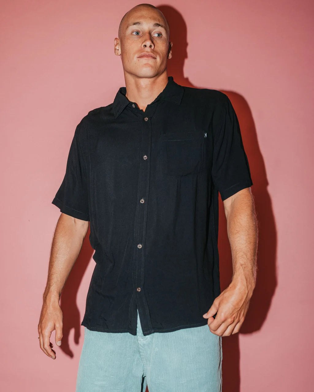 RUSTY RAZOR BLADE RAYON SHIRT – MENS RELAXED SHORT SLEEVE BUTTON UP SHIRT BLACK