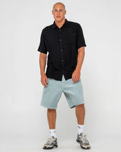 RUSTY RAZOR BLADE RAYON SHIRT – MENS RELAXED SHORT SLEEVE BUTTON UP SHIRT BLACK