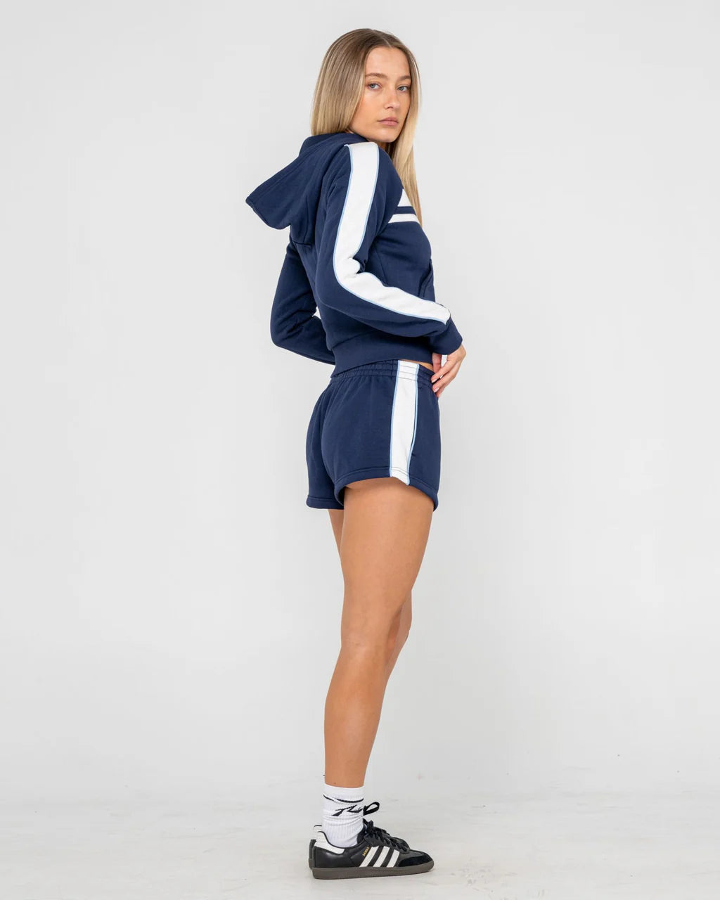 RUSTY RETRO LINES MINI FLEECE SHORT WOMENS LOUNGE TRACK SHORTS NAVY BLUE