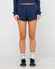 RUSTY RETRO LINES MINI FLEECE SHORT WOMENS LOUNGE TRACK SHORTS NAVY BLUE