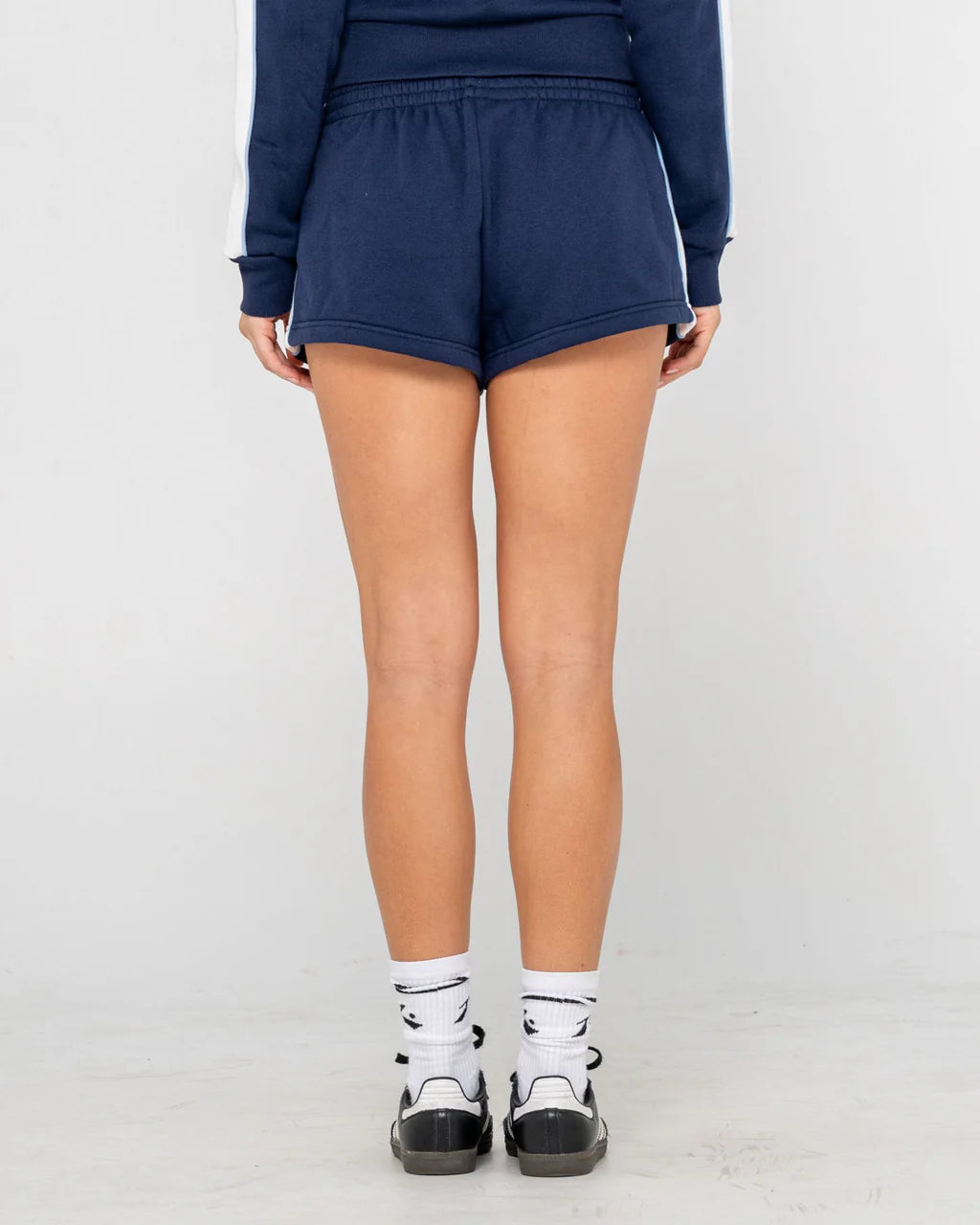 RUSTY RETRO LINES MINI FLEECE SHORT WOMENS LOUNGE TRACK SHORTS NAVY BLUE