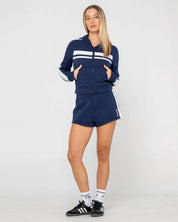 RUSTY RETRO LINES ZIP THROUGH FLEECE HOODIE WOMENS STREETWEAR ZIP HOODIE NAVY BLUE
