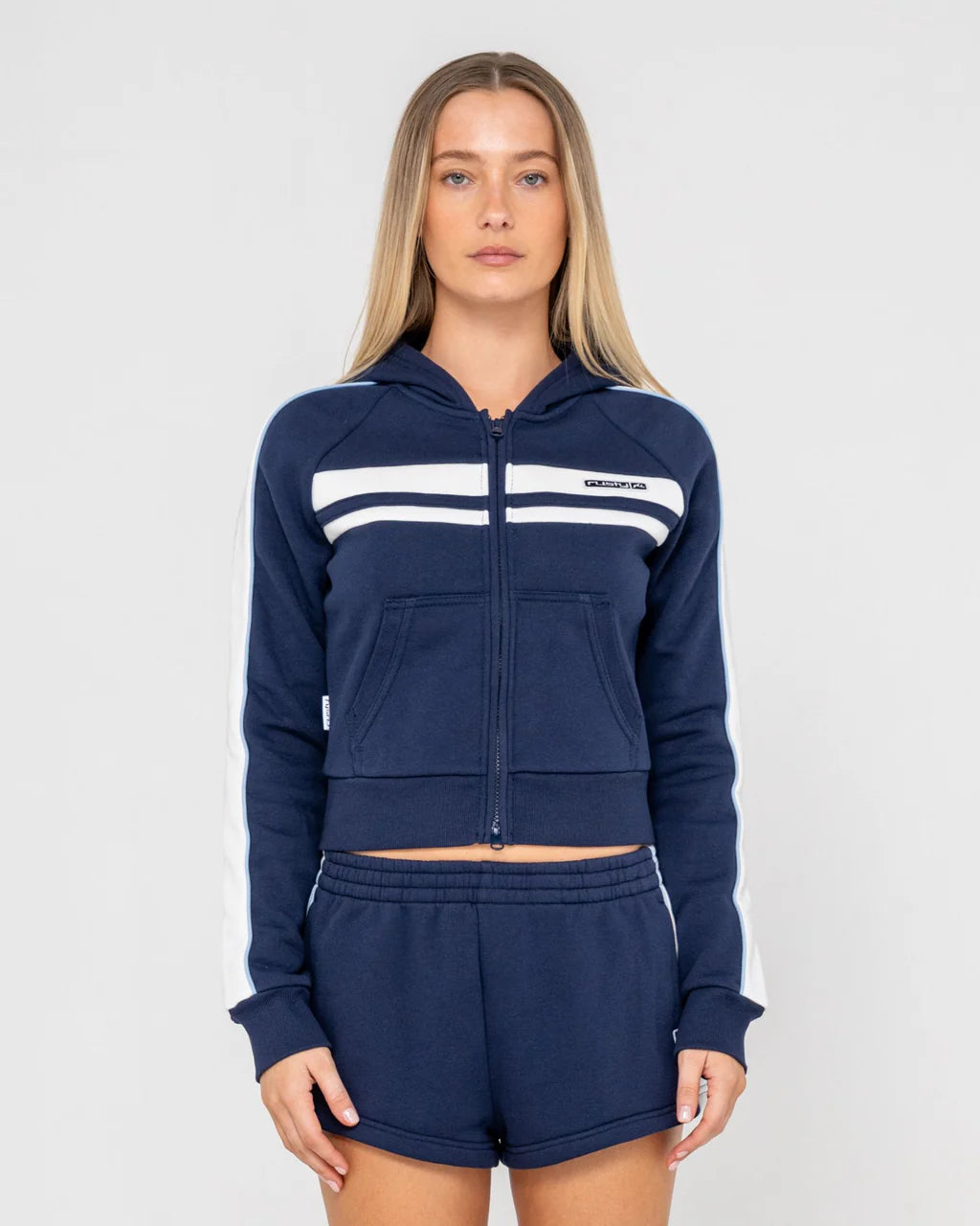 RUSTY RETRO LINES ZIP THROUGH FLEECE HOODIE WOMENS STREETWEAR ZIP HOODIE NAVY BLUE