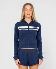 RUSTY RETRO LINES ZIP THROUGH FLEECE HOODIE WOMENS STREETWEAR ZIP HOODIE NAVY BLUE