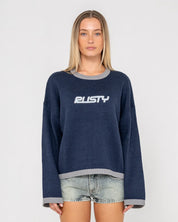 RUSTY RIDER RELAXED CREW NECK KNIT WOMENS OVERSIZED SWEATER NAVY
