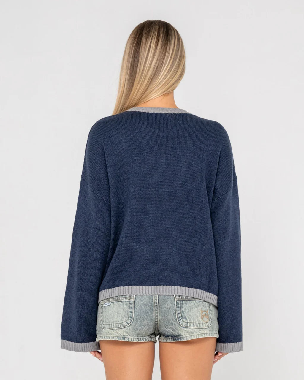 RUSTY RIDER RELAXED CREW NECK KNIT WOMENS OVERSIZED SWEATER NAVY