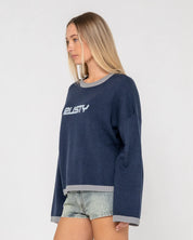 RUSTY RIDER RELAXED CREW NECK KNIT WOMENS OVERSIZED SWEATER NAVY