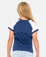RUSTY RILEY RAGLAN BABY TEE – GIRLS RETRO SURF STYLE SHORT SLEEVE TEE NAVY