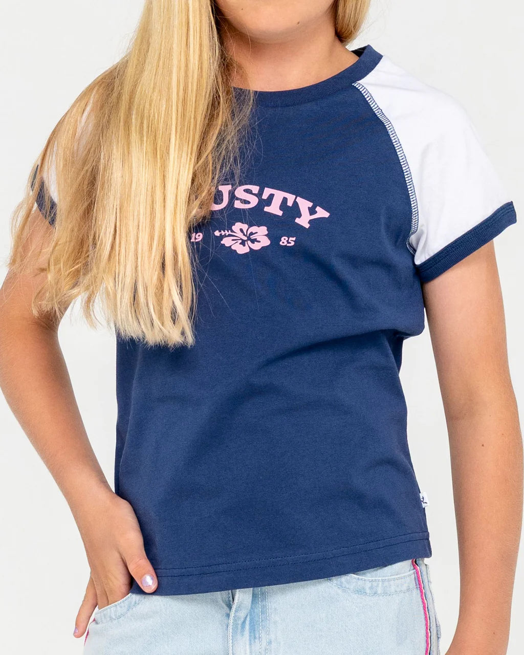 RUSTY RILEY RAGLAN BABY TEE – GIRLS RETRO SURF STYLE SHORT SLEEVE TEE NAVY