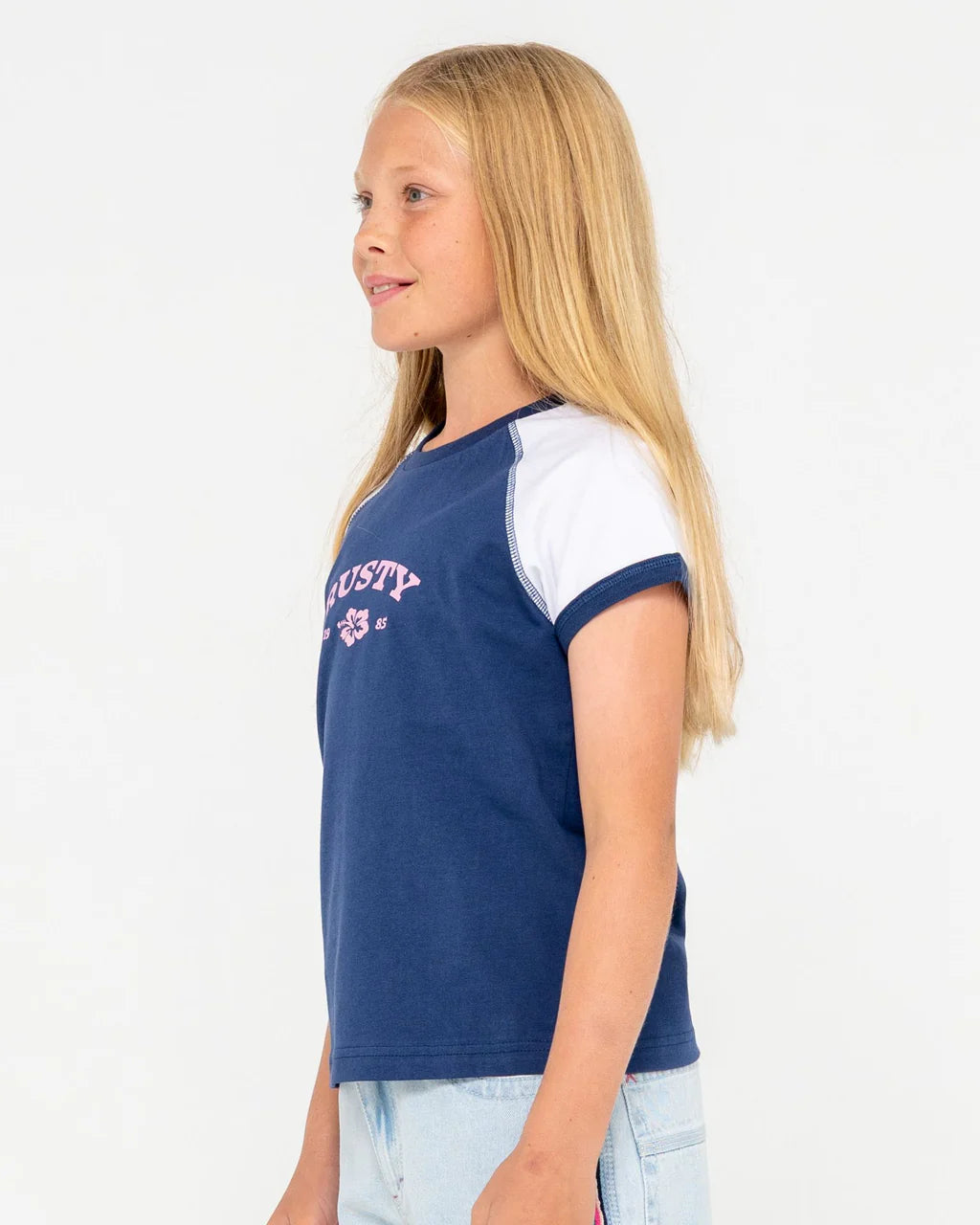 RUSTY RILEY RAGLAN BABY TEE – GIRLS RETRO SURF STYLE SHORT SLEEVE TEE NAVY