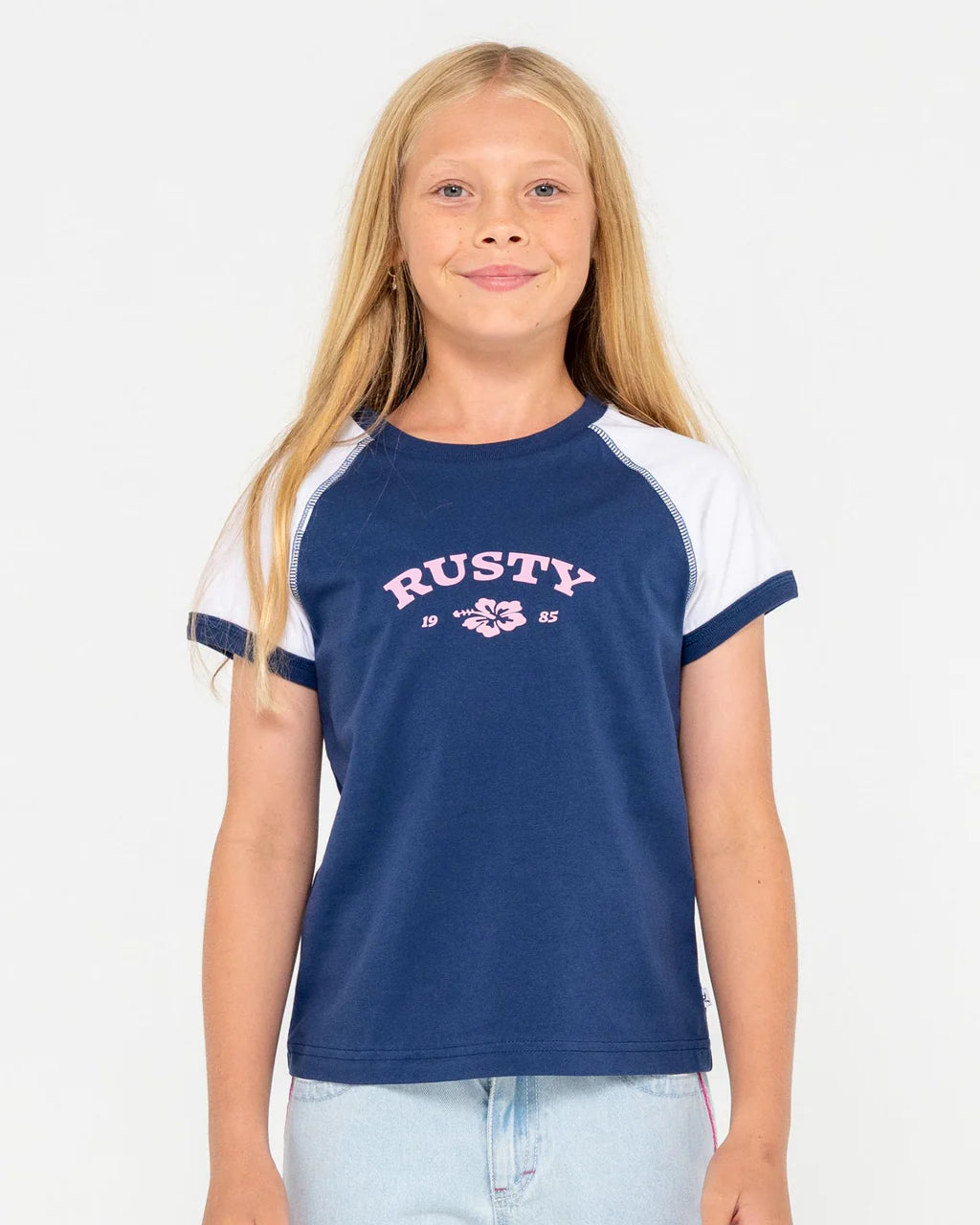 RUSTY RILEY RAGLAN BABY TEE – GIRLS RETRO SURF STYLE SHORT SLEEVE TEE NAVY