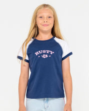 RUSTY RILEY RAGLAN BABY TEE – GIRLS RETRO SURF STYLE SHORT SLEEVE TEE NAVY