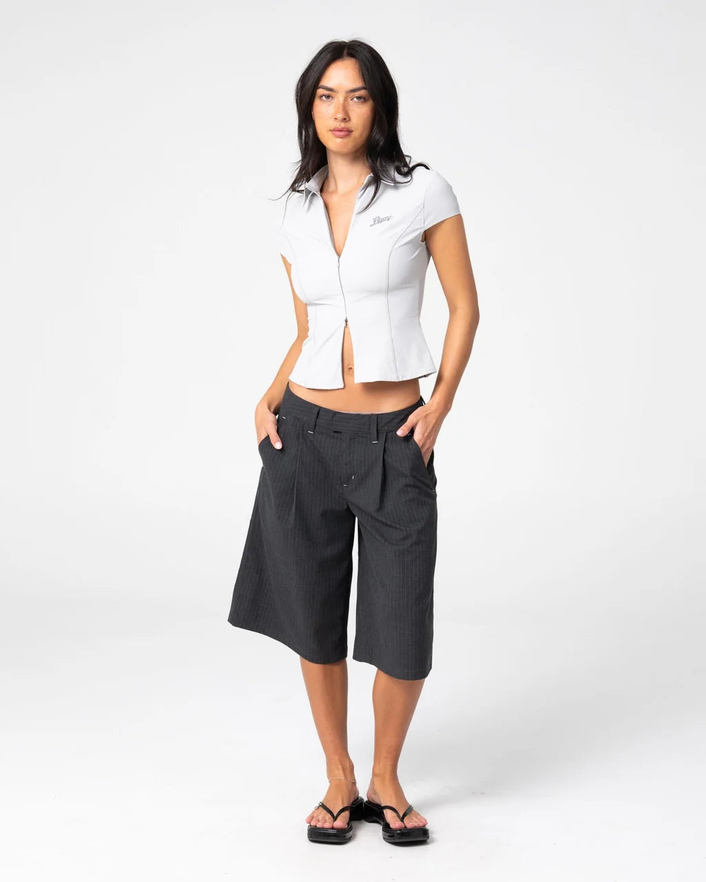 RUSTY ROAD RAGE FINANCE MOMMY LOW RISE SHORT – COAL PINSTRIPE