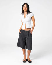 RUSTY ROAD RAGE FINANCE MOMMY LOW RISE SHORT – COAL PINSTRIPE
