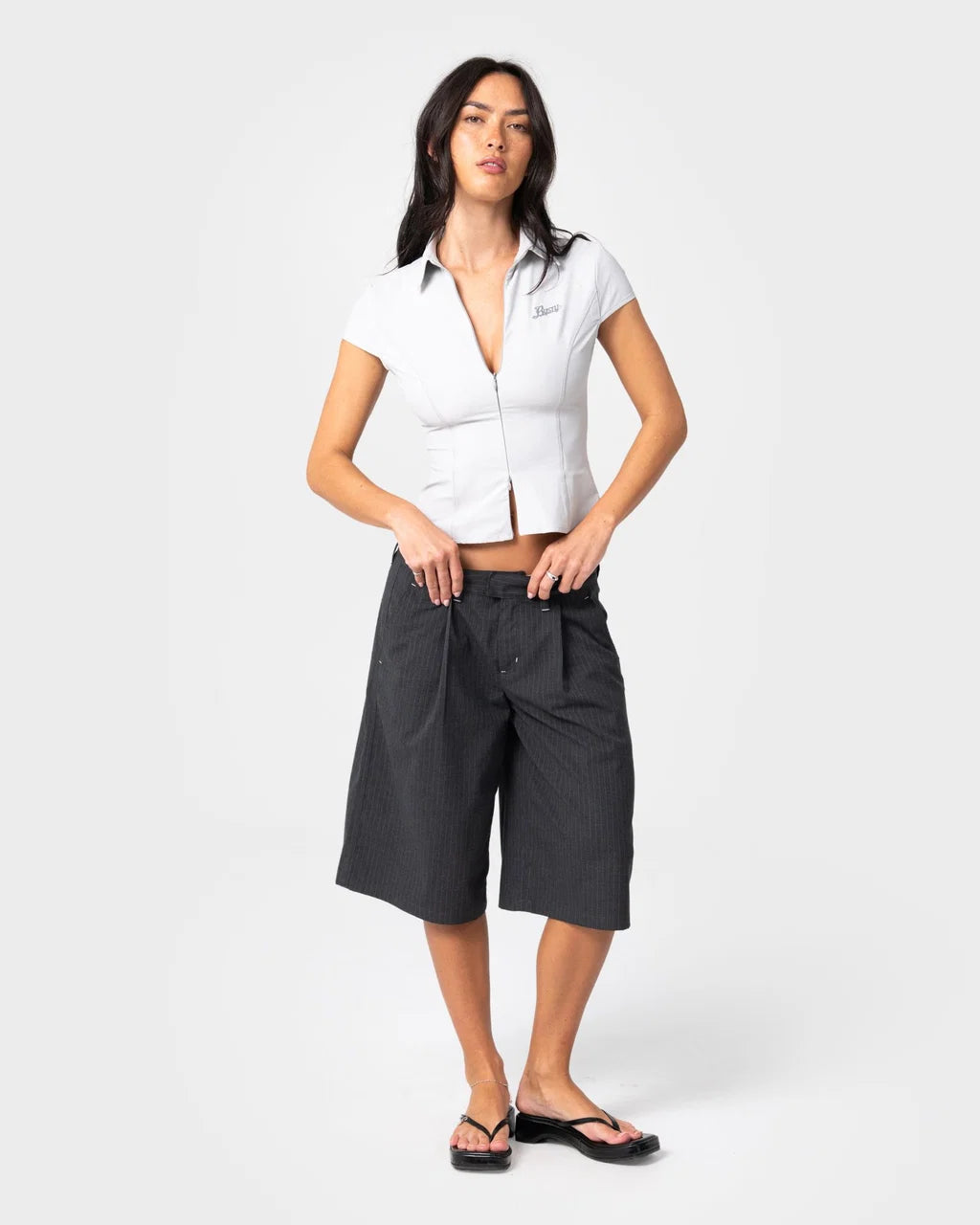 RUSTY ROAD RAGE FINANCE MOMMY LOW RISE SHORT – COAL PINSTRIPE