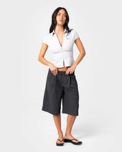 RUSTY ROAD RAGE FINANCE MOMMY LOW RISE SHORT – COAL PINSTRIPE