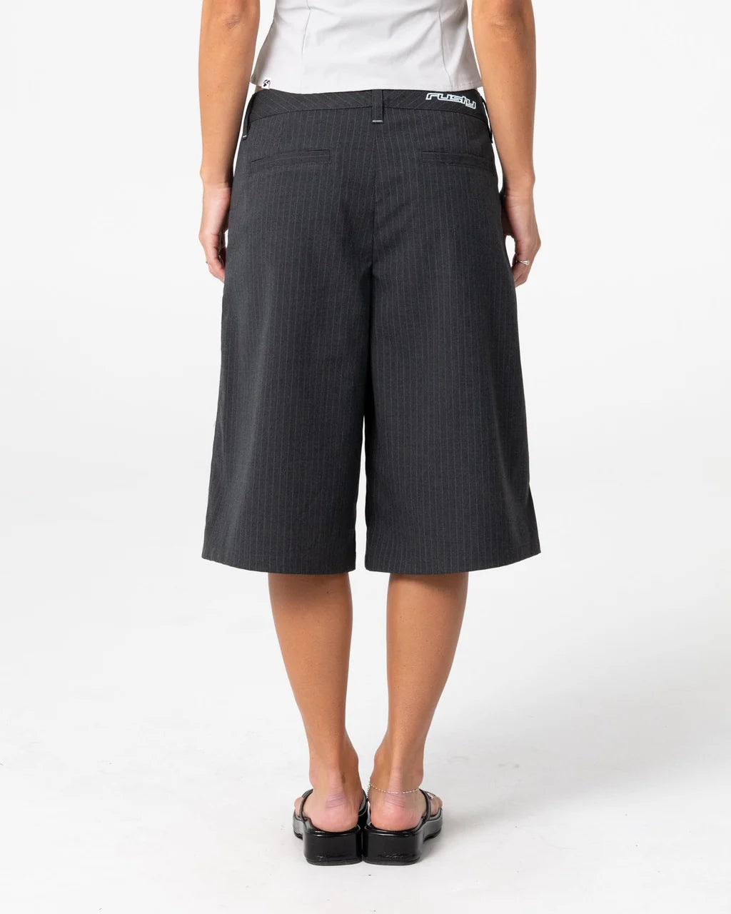RUSTY ROAD RAGE FINANCE MOMMY LOW RISE SHORT – COAL PINSTRIPE